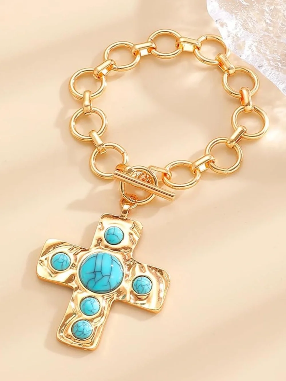 Anthropologie Gold-Tone Chain Necklace with Turquoise Cross Pendant